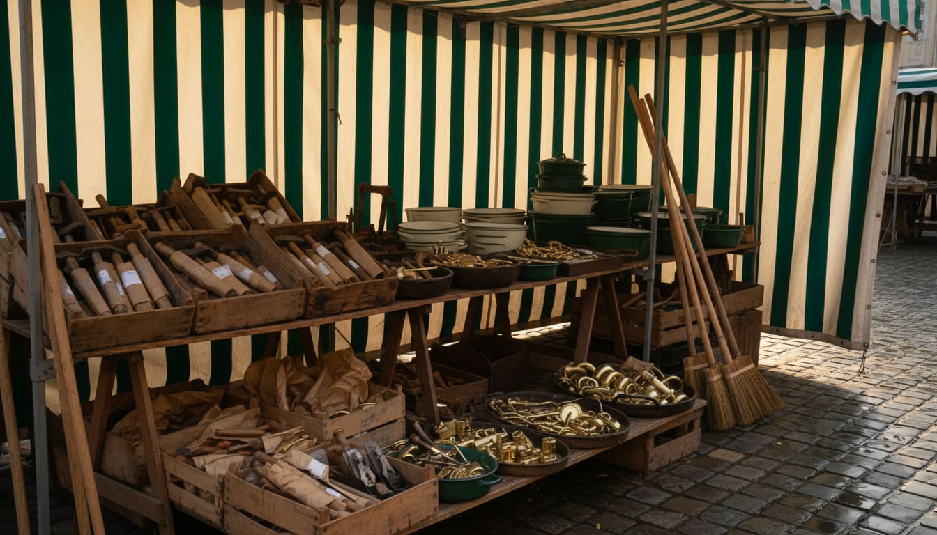 L'étal du quincaillier installé sur un marché au petit matin